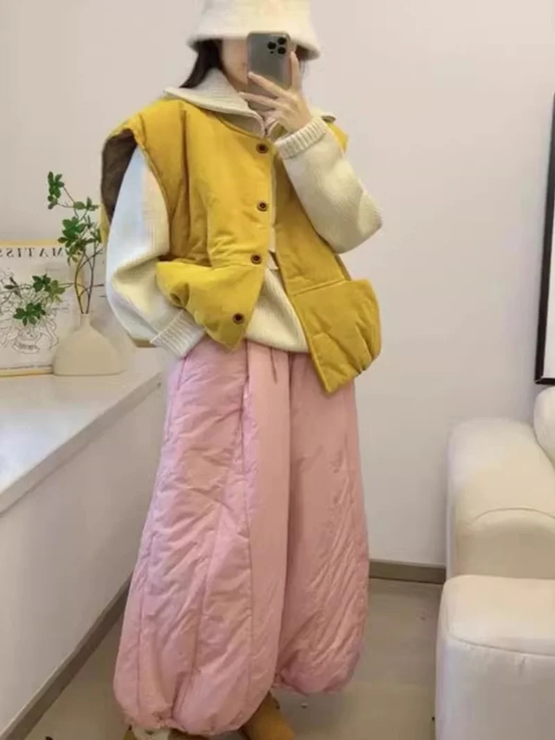 Pantalones de talla grande para mujer, pantalones de pierna ancha con cintura elástica japonesa, pantalones cálidos con cordón para otoño e invierno W924 ﻿