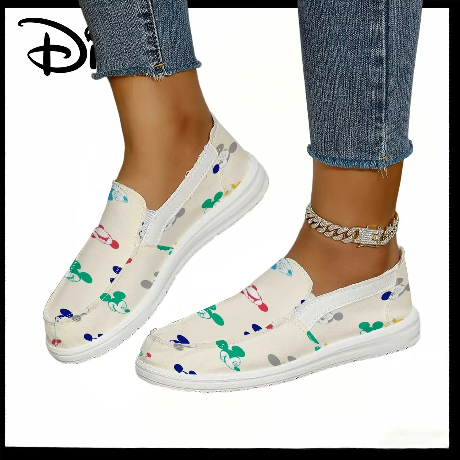 

Официально лицензированные женские слипоны Disney с разноцветным принтом Микки Мауса – удобные мультяшные лоферы с милым мультяшным принтом