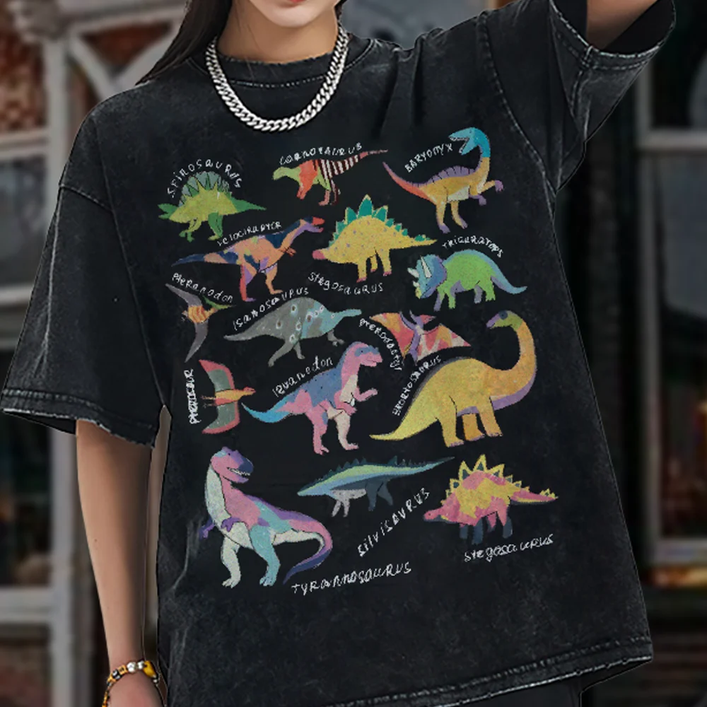 

Color Cartoon Dinosaur Print Ladies T-Shirt Oversized Loose Wash Solid Color Short Sleeve American Retro Casual Fashion Top 2024