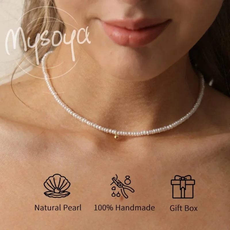 MYSOYA قلادة لؤلؤ المياه العذبة البيضاء 3-4 ملم مع صندوق هدايا، هدية لها/له، عيد ميلاد/زفاف/ذكرى سنوية/هدية عيد الميلاد