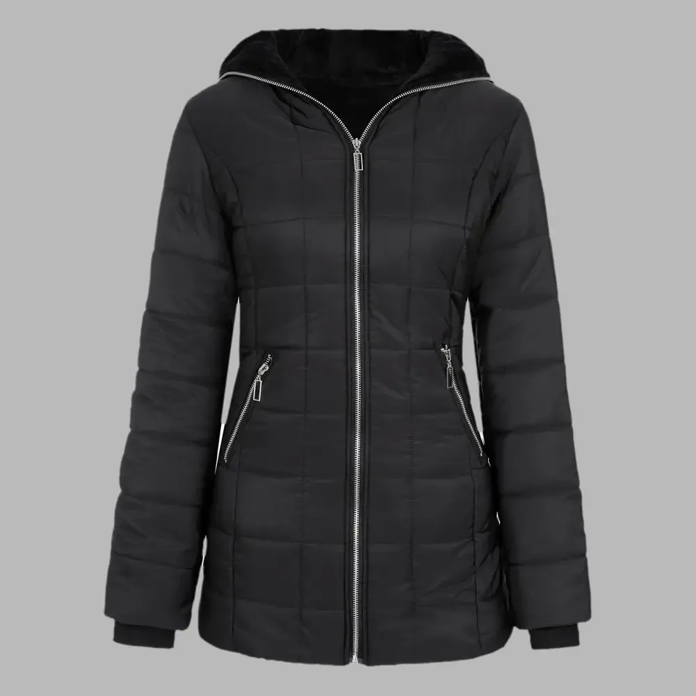 

Women's Coat Winter Women Hooded Outerwear Zip-up Plush Lined Padded Down Jacket Mid Length Long Sleeve Elastic Cuffs