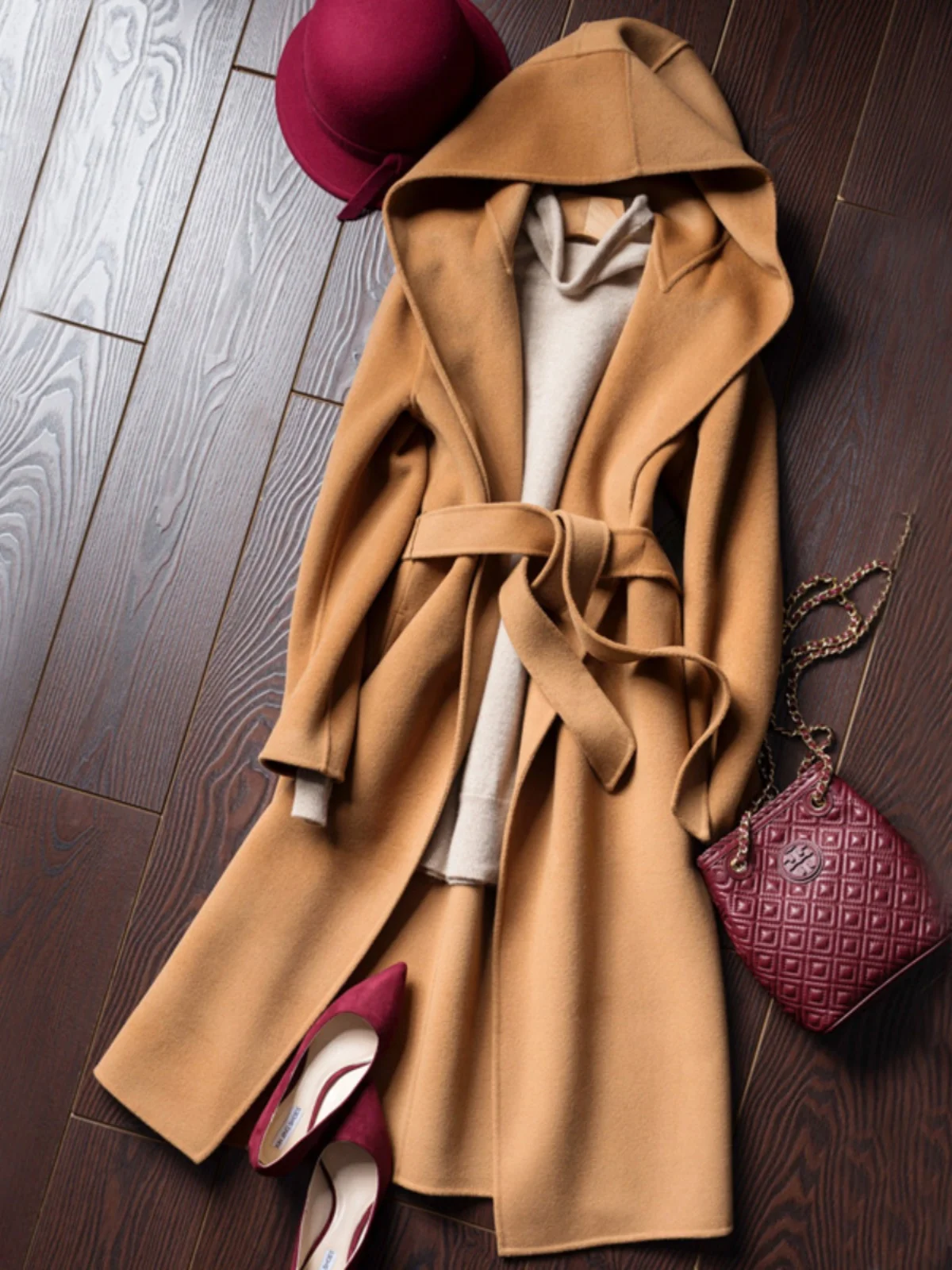 

Autumn Winter New Double Sided Cashmere Coat Women's Hooded Woolen Long Jackets Elegant Lacing Up Thickened Over Knee Outerwear