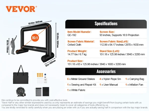 Vevor aufblasbare Filmleinwand 14/16 ft aufblasbare Projektions wand für draußen mit Gebläse für Party-Hinterhof-Film nacht im Freien