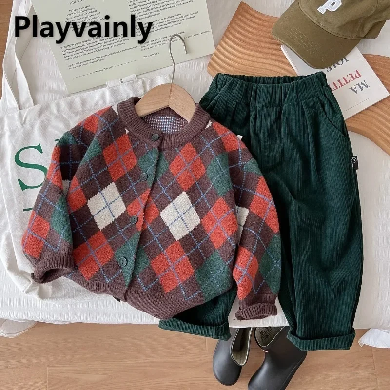 

Preppy Style Autumn Baby Girls Boys Sweaters Coats Retro Diamond Plaid Single Breasted Warm Knitted Tops Children Cardigan A8206