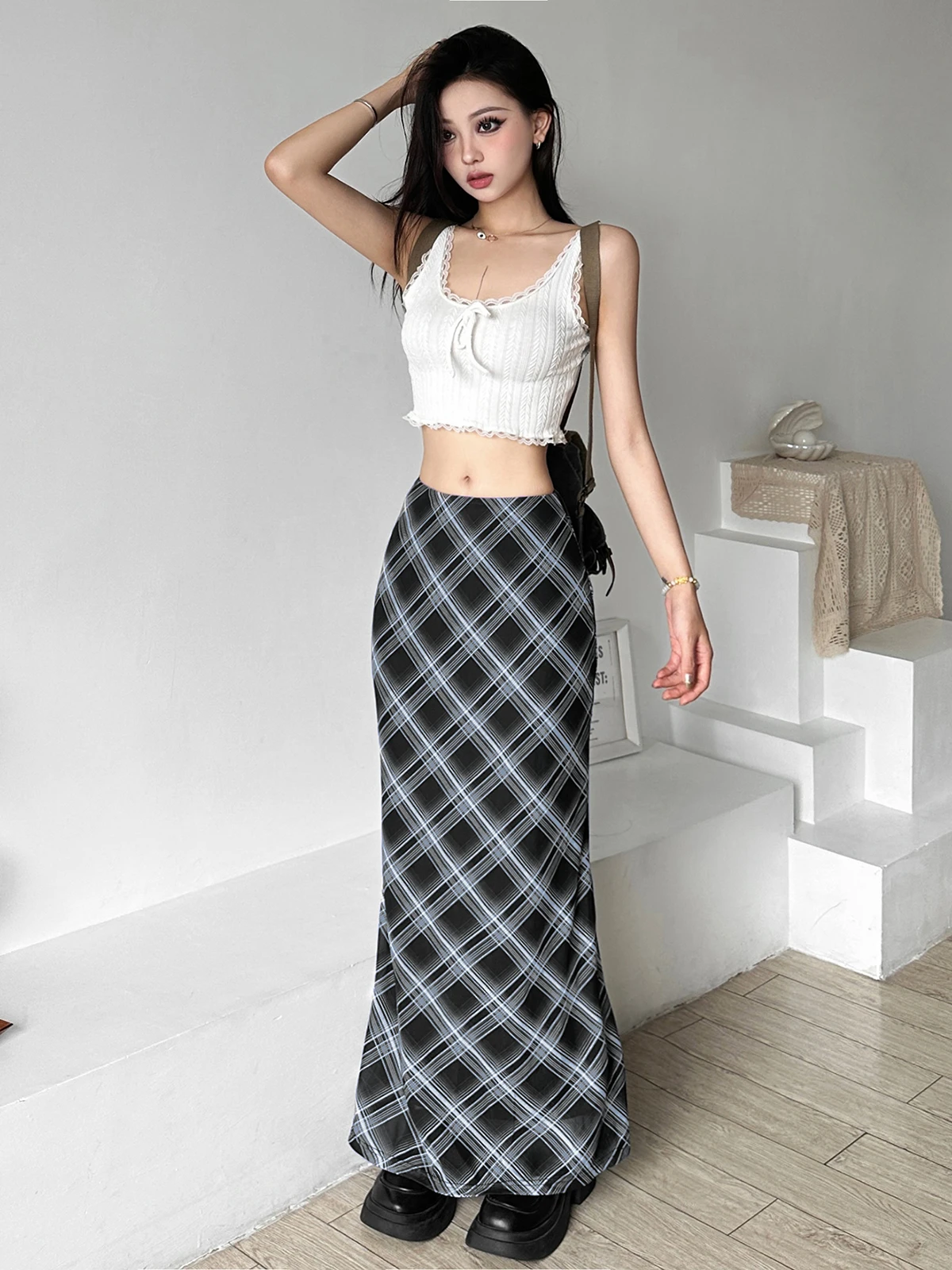 غريب دفع عالية الخصر منقوشة طباعة لي تنورة طويلة المرأة التخسيس ألف خط ميدي تنورة الشارع Sle البوليستر مزيج تنورة #4