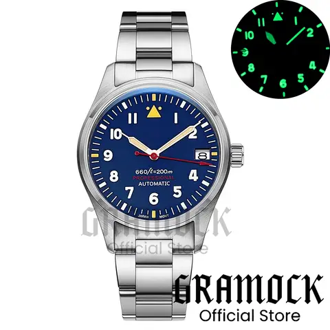 Gramock NH35 PT5000 39mm 10Bar 남성용 자동 파일럿 다이브 시계 돔형 사파이어 스크류 크라운 스틸 굴 스트랩 그린 루메