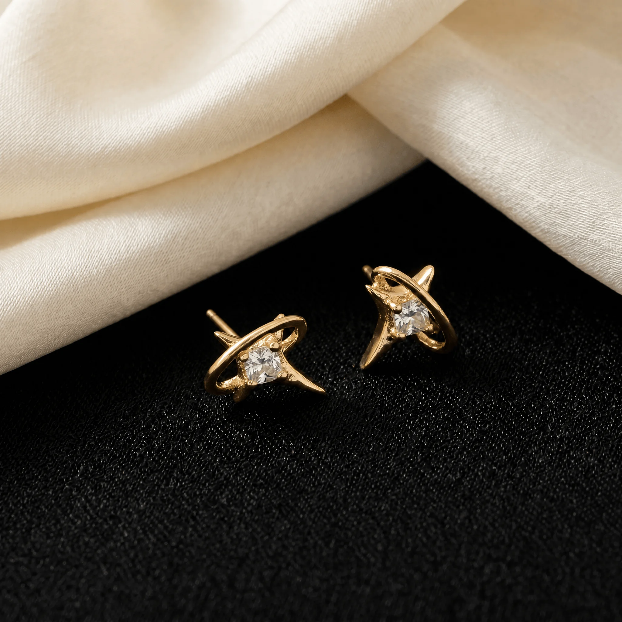 1 Pair Surrounding Star Ring Planet Earrings, Minimalist Sparkle CZ Four-Pointed Star Delicate Dainty Gold Earrings