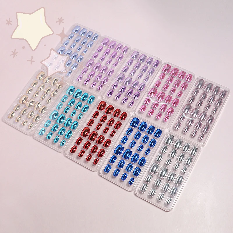 เล็บปลอมเด็กแบบกดติด 24 ชิ้น สีโครเมียมเมทัลลิก ปลายเล็บทรงรีสั้น ปิดเต็มเล็บ พร้อมกาวในตัว สำหรับเด็กผู้หญิง