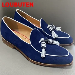 LOUBUTEN Blue Suede Leather Shoes Men Tassel Loafers Fashion Handcrafted Slip On Dress Shoes Men's Casual Business Shoes