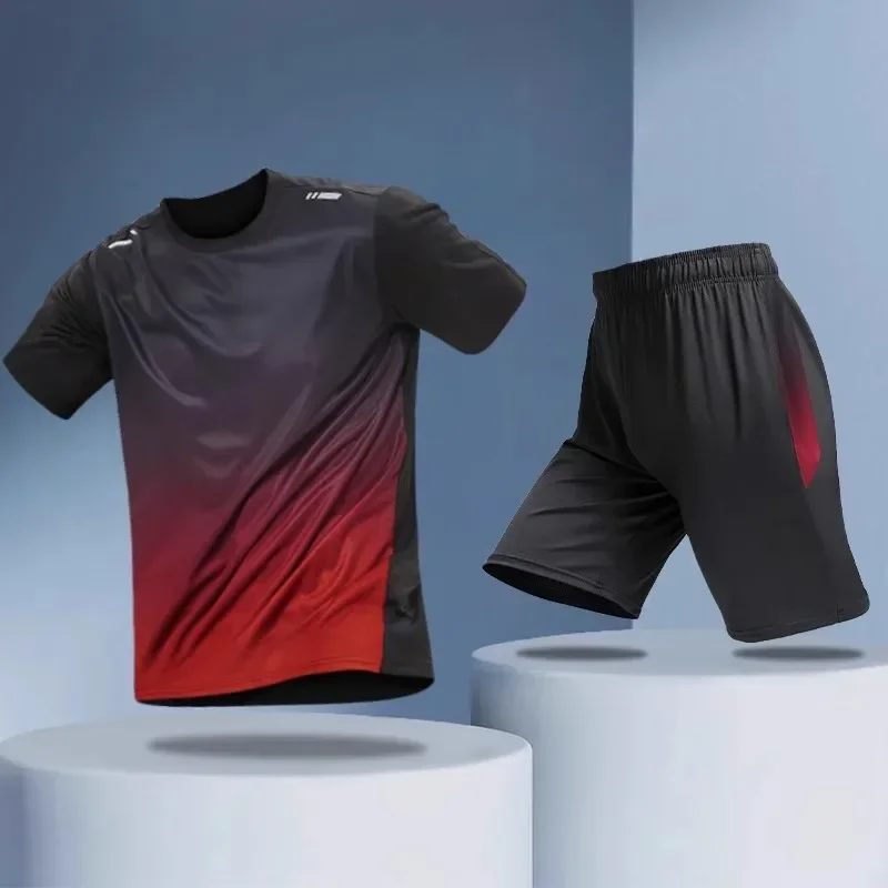 

2 Pieces Men's Black Lightning Quick-drying Loose Sports Suit Basic Joker Teenagers Outdoor Fitness Running Short-sleeved Shorts
