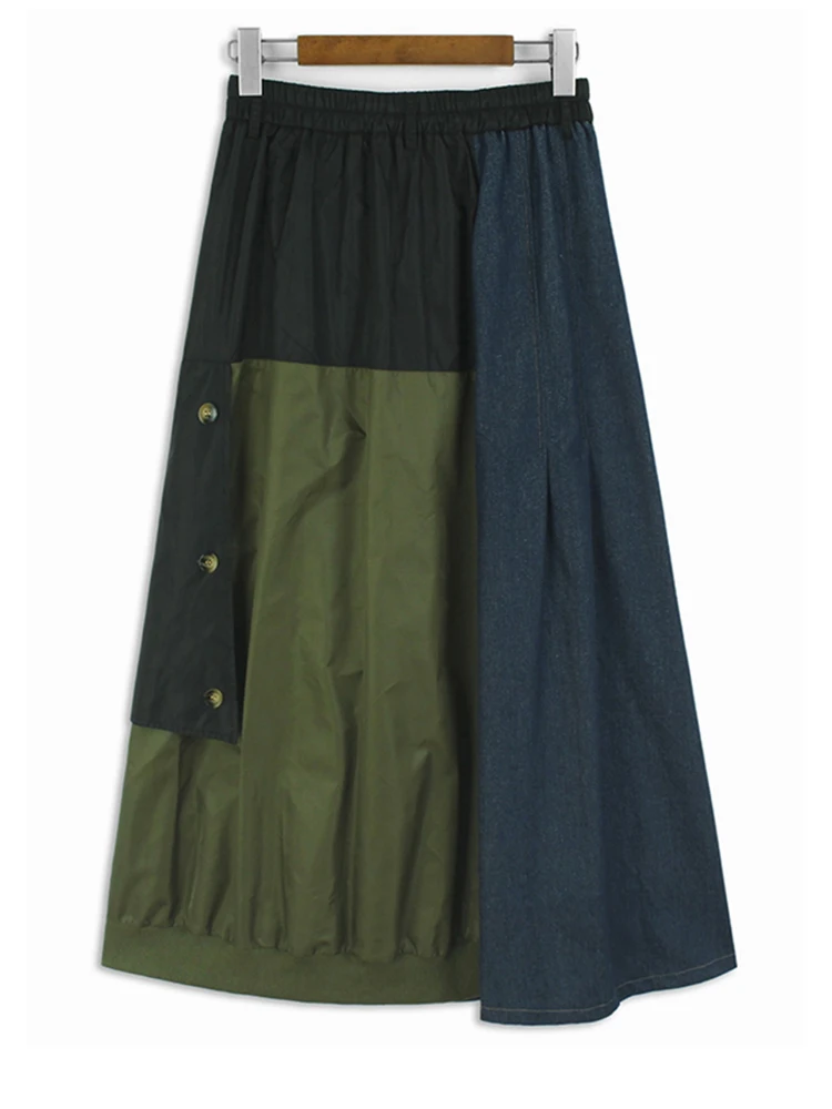 High Elastic Waist Black Green Color-block Long Casual Half-body Skirt Women Fashion Tide New Spring Autumn