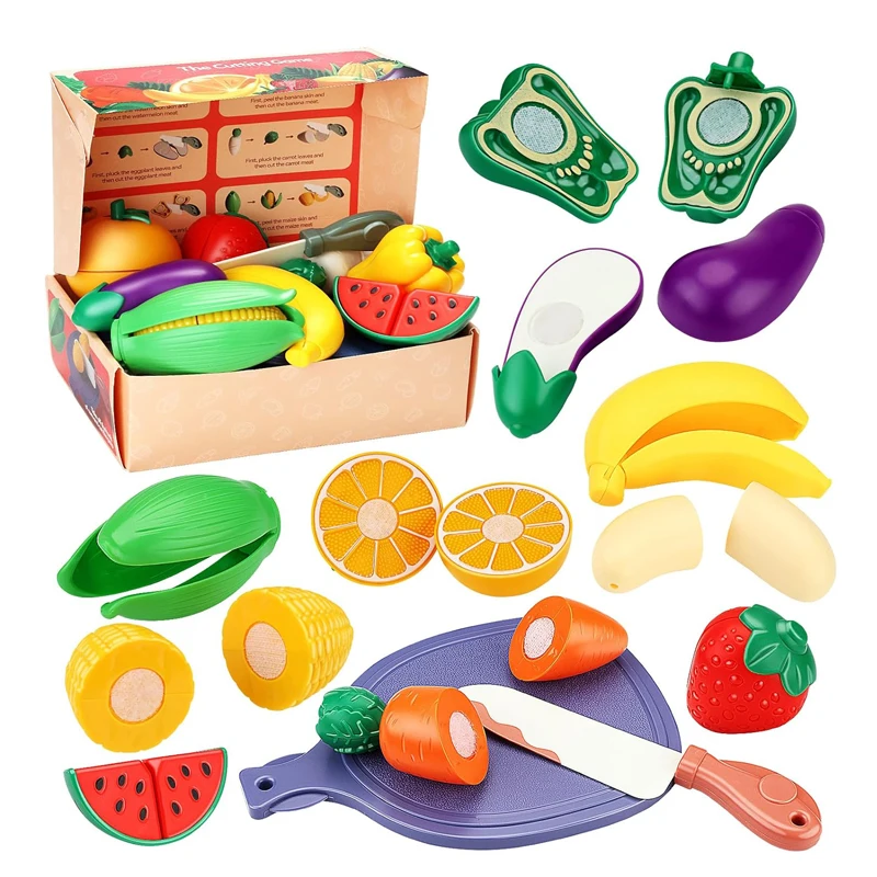 Juguete de frutas y verduras cortables, accesorios de cocina con cuchillos y tablero, juego de comida de imitación, juego de corte de comida para niños