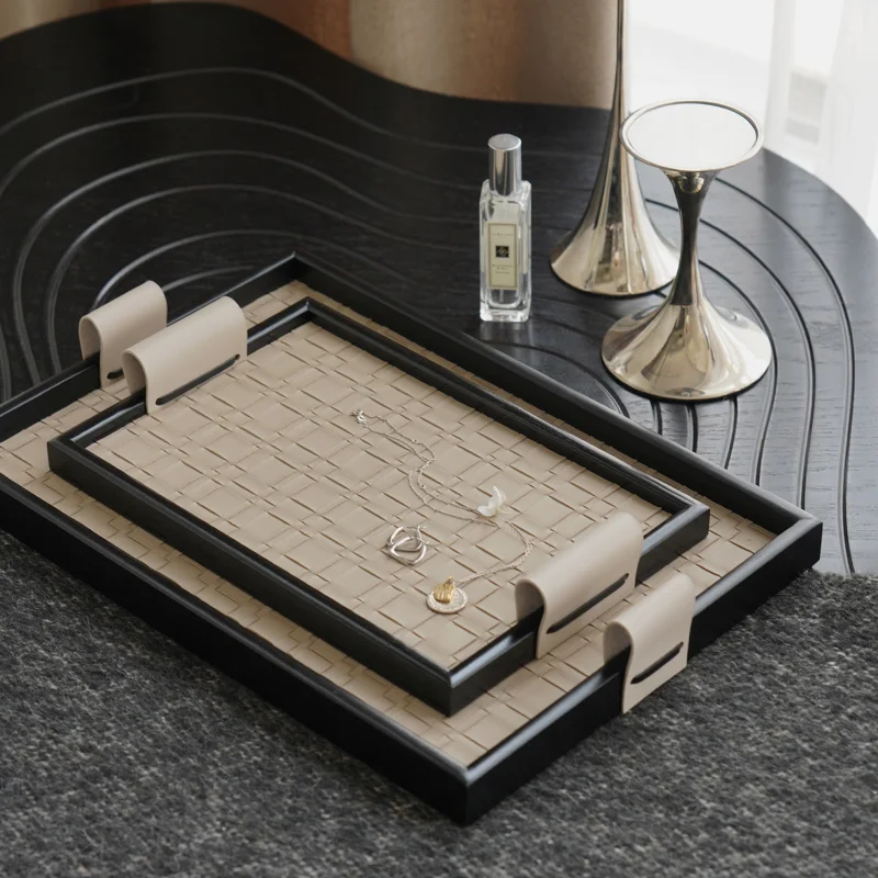 Woven Pattern Black Leather Tray Beige Storage Tray Advanced Aromatherapy Storage Trays Home Living Room Coffee Table Decoration