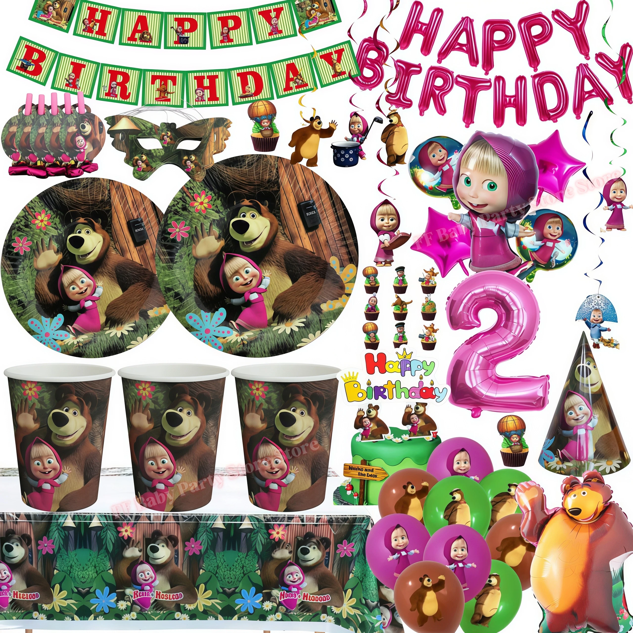 Niedliches Mädchen-Geburtstagsparty-Dekorationsset mit Bärenmotiv: Teller, Becher, Servietten, Ballons für Kinder, Babyparty-Zubehör, Geschenkideen