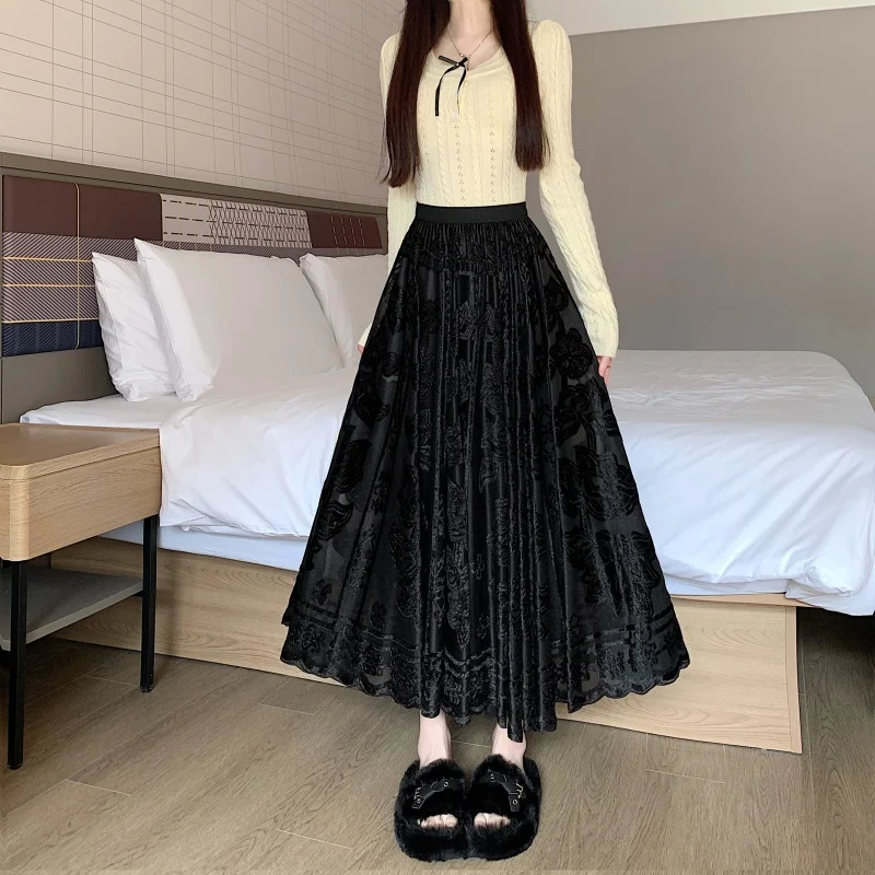 Saia francesa feminina veludo comprimento médio outono inverno elegante moda grossa renda malha casual deslocamento versátil uma linha saia
