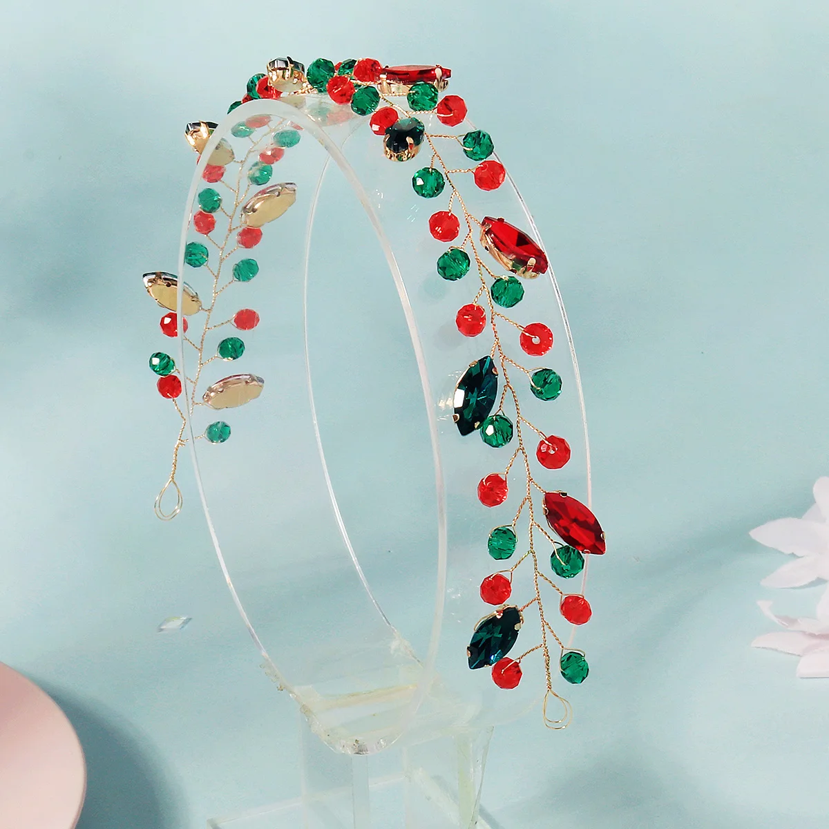 عيد الميلاد كريستال هيرباند موضة مجوهرات الحفلات إكسسوارات الشعر للنساء كلاسيكي أخضر أحمر مطرز الفتاة عقال تيارا #3