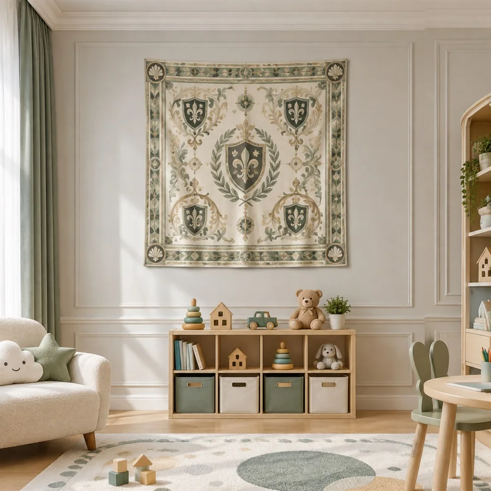 VIKAMA Geometric Crest Motif Clustered Groups Tapestry Wall Hanging, Neoclassical Wall Decor Tapestries for Living Room Bedroom