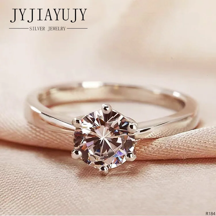 JYJIAYUJY 100% Sterling Silver S925 Ring Varisized Six Claws 5MM White Zirconia Trendy Birthday Hypoallergenic Fine Jewelry R184