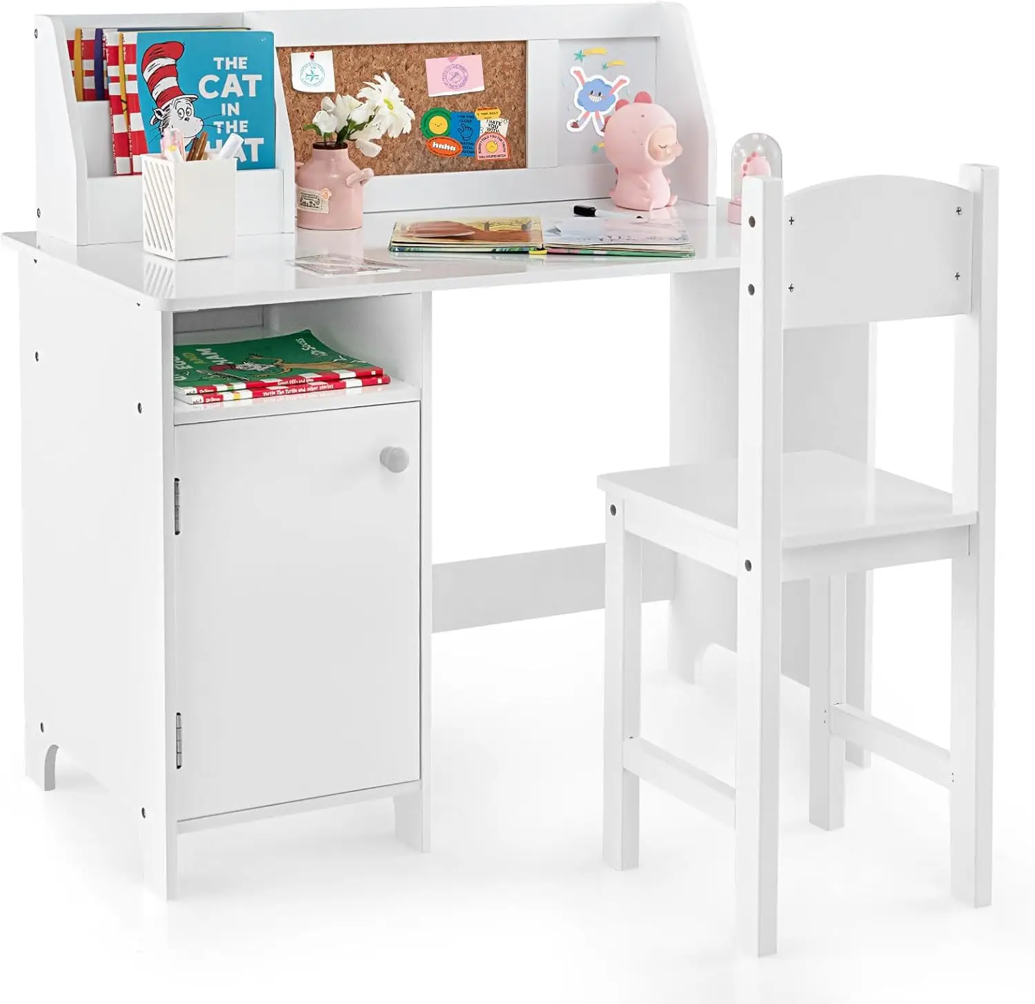 

EY JOY Kids Desk and Chair Set, Wooden Children School Study Table and Chair w/Whiteboard, Hutch, Storage Shelves, Stude
