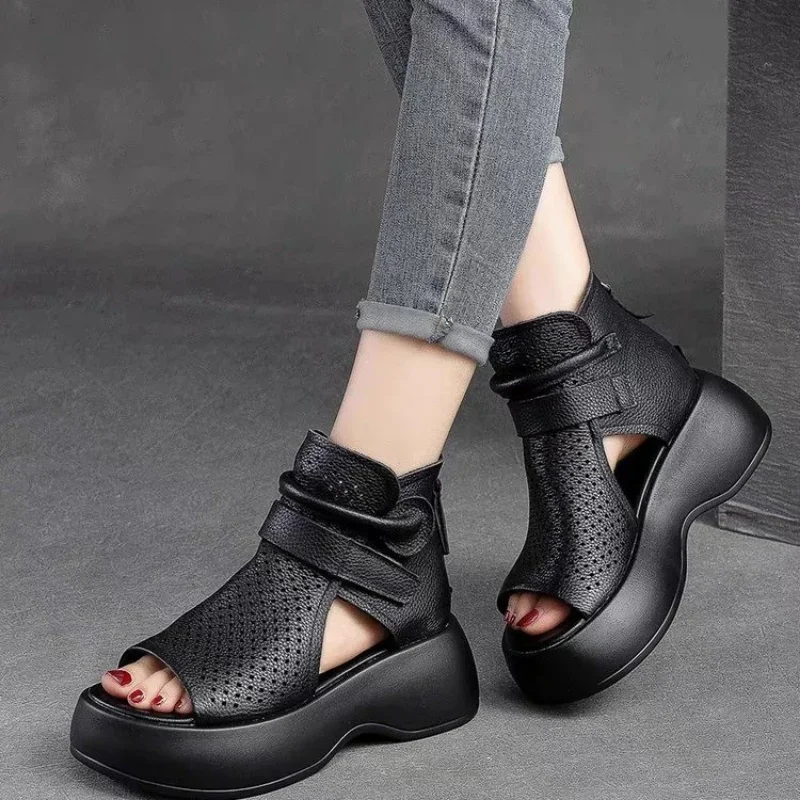 Sandalias romanas de tacón alto para Mujer, zapatos Vintage de piel auténtica con suela gruesa, calzado femenino de verano