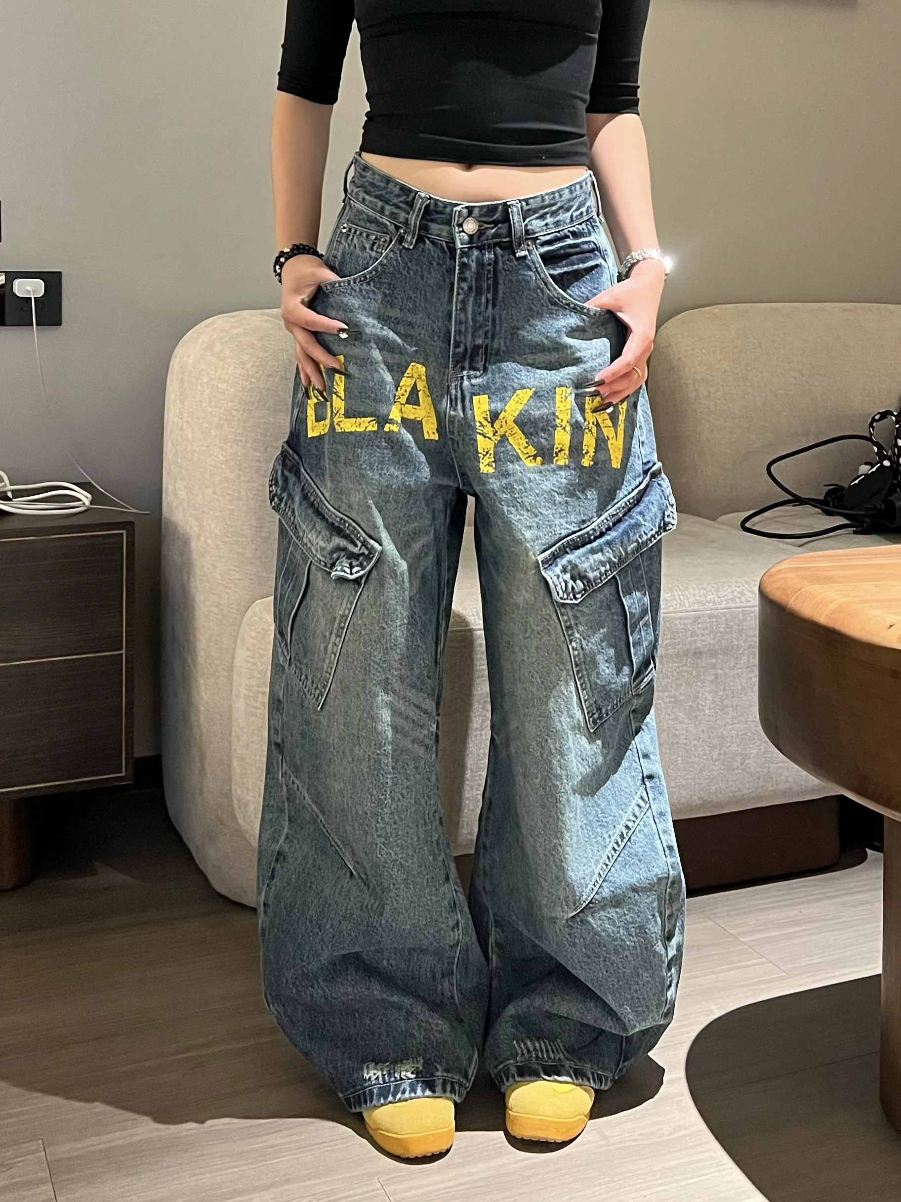 

Waed Vintage Workwear Denim Jeans Men's Loose Wide Leg Letter Print Baggy Knife Trousers Comfortable Casual Pants