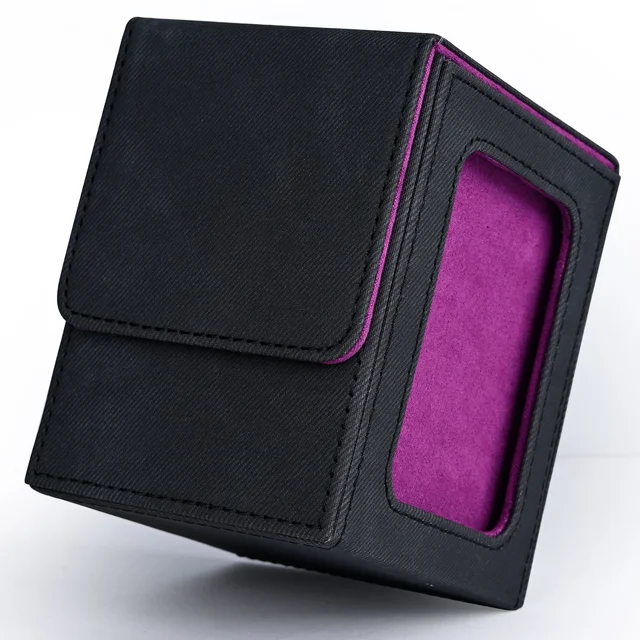 Pudełko na karty kolekcjonerskie z okienkiem, etui do przechowywania kart kolekcjonerskich, mieści ponad 120 kart jednostronnie nakładanych w karty, skórzane pudełko na karty TCG z denimu.