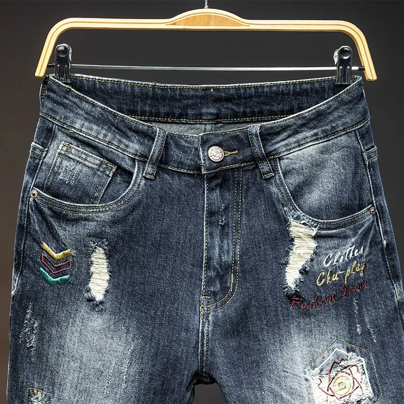 2024 neue High-End-Jeans Herrenmode Qualität Design zerrissen spezielle Street Trend Stretch Retro blau lang