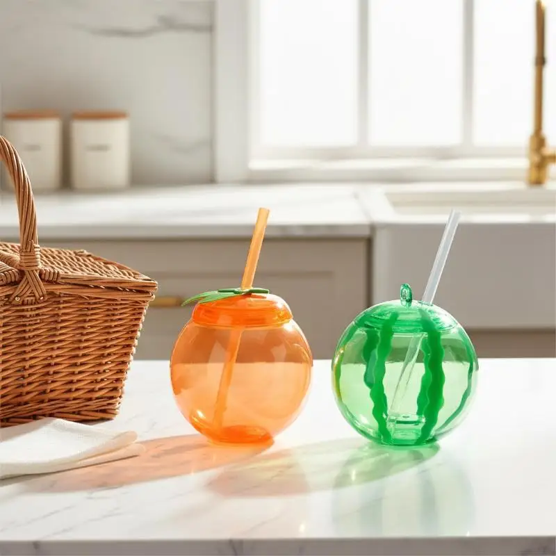 Funky Fruit Shaped Juice Bottle with Straw for Home and Outdoor Use Orange Watermelon