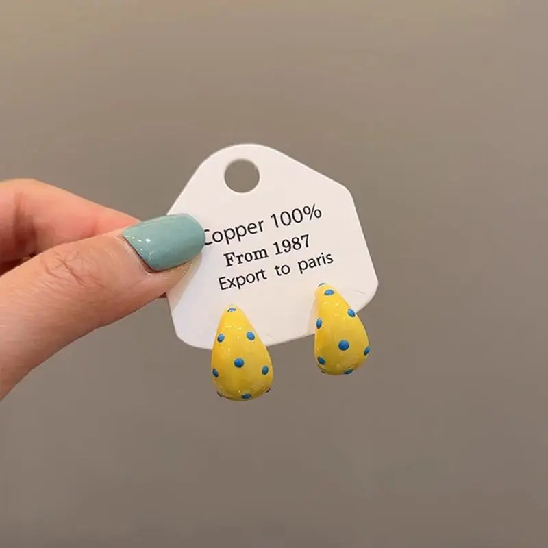 Milk Yellow Polka Dot Dripping Oil Half Circle Earrings Spring and Summer Temperament Small Fresh Stud Earrings for Women