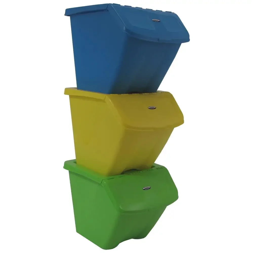 Stackable Recycling Bins 30 Gallon 3PC Set Durable BPA Free Plastic Blue Yellow Green Hands-Free Front Access Pantry Garage Pet