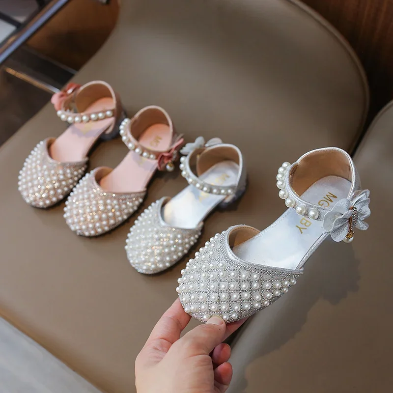 Summer Beautiful Baby Girls Princess Sandals Square Heel Crystal Beaded Bow Soft Fashion Kids Cute Elegant Students Comfortable