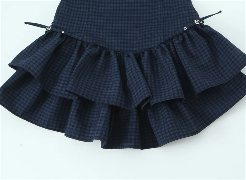 Vestido feminino 2025 outono novo estilo marinho xadrez sem mangas em camadas mini vestido decorativo sexy e elegante