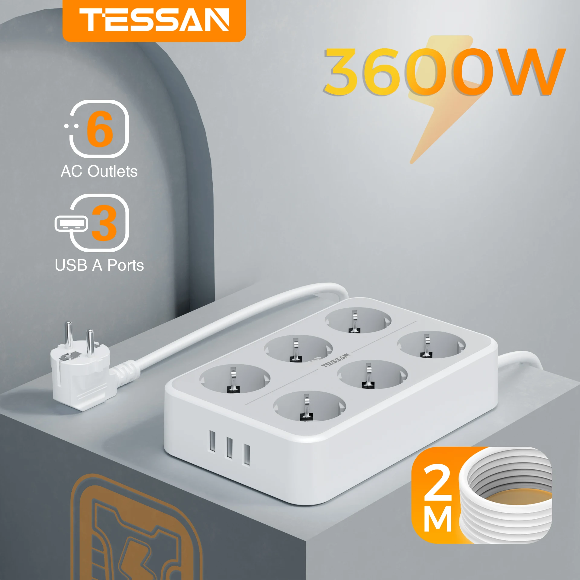 

TESSAN European Socket Desktop Power Strip with Switch 4/6/8 Outlets & 3 USB Ports, Multi Outlets Power Strip 2m Cable for Home