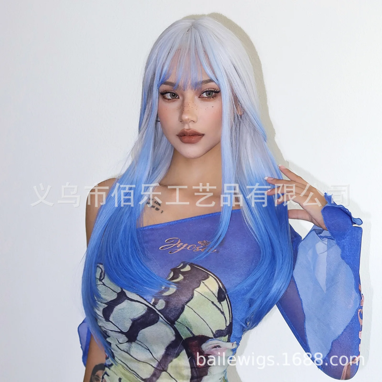 شعر مستعار جديد أزرق تغيير تدريجي تشى الانفجارات شعر طويل مستقيم هالوين كوس ارتفاع درجة الحرارة الحرير المبيعات المباشرة الباروكات #2