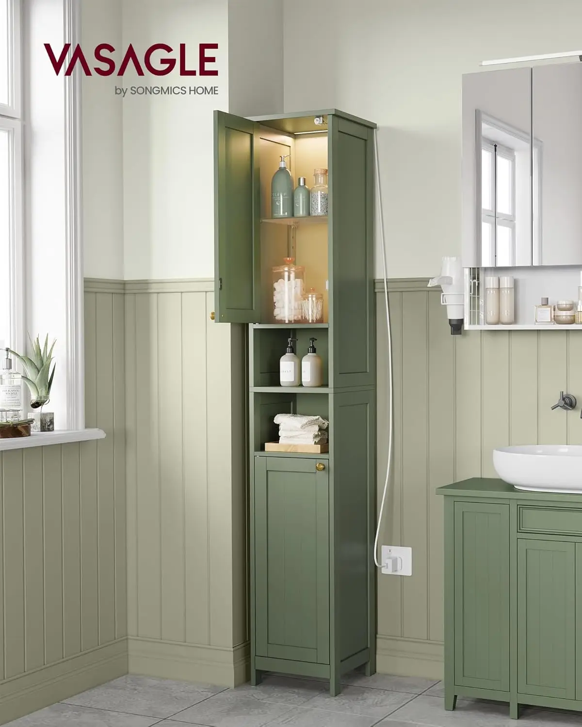 Tall Bathroom Cabinet with Lights, Slim Bathroom Storage Cabinet, Freestanding Narrow Cabinet with Adjustable Shelves, for Small