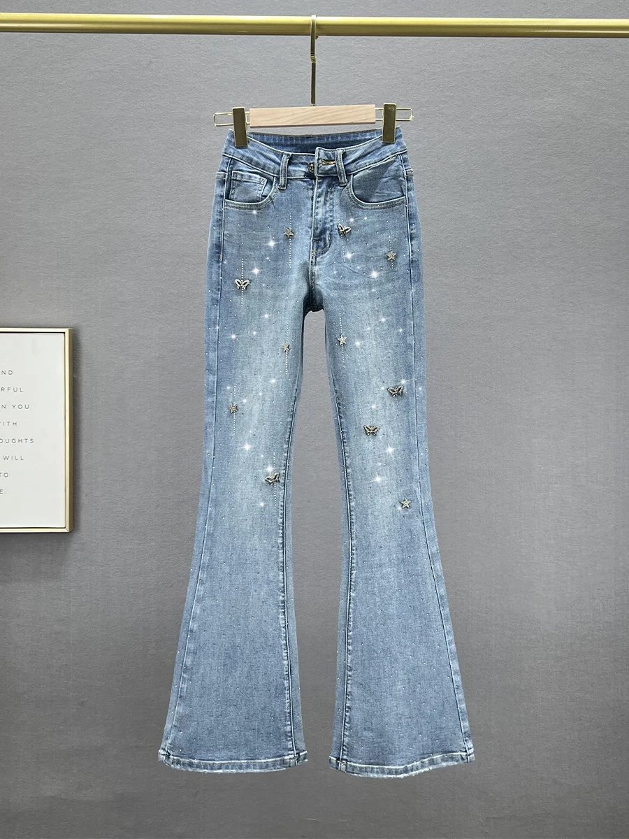 

Женские джинсы Ele с высокой талией, со стразами, эластичные, утягивающие, длинные брюки, весенняя мода, микро-клеш, из хлопкового стрейч-денима