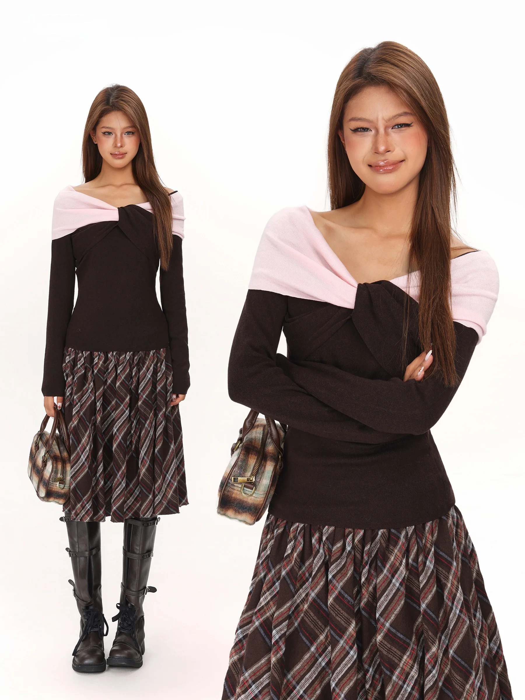 

Женская футболка с длинным светом oulder, облегающая французская футболка в стиле пэчворк, цветной дизайн, осенне-зимняя модная повседневная одежда