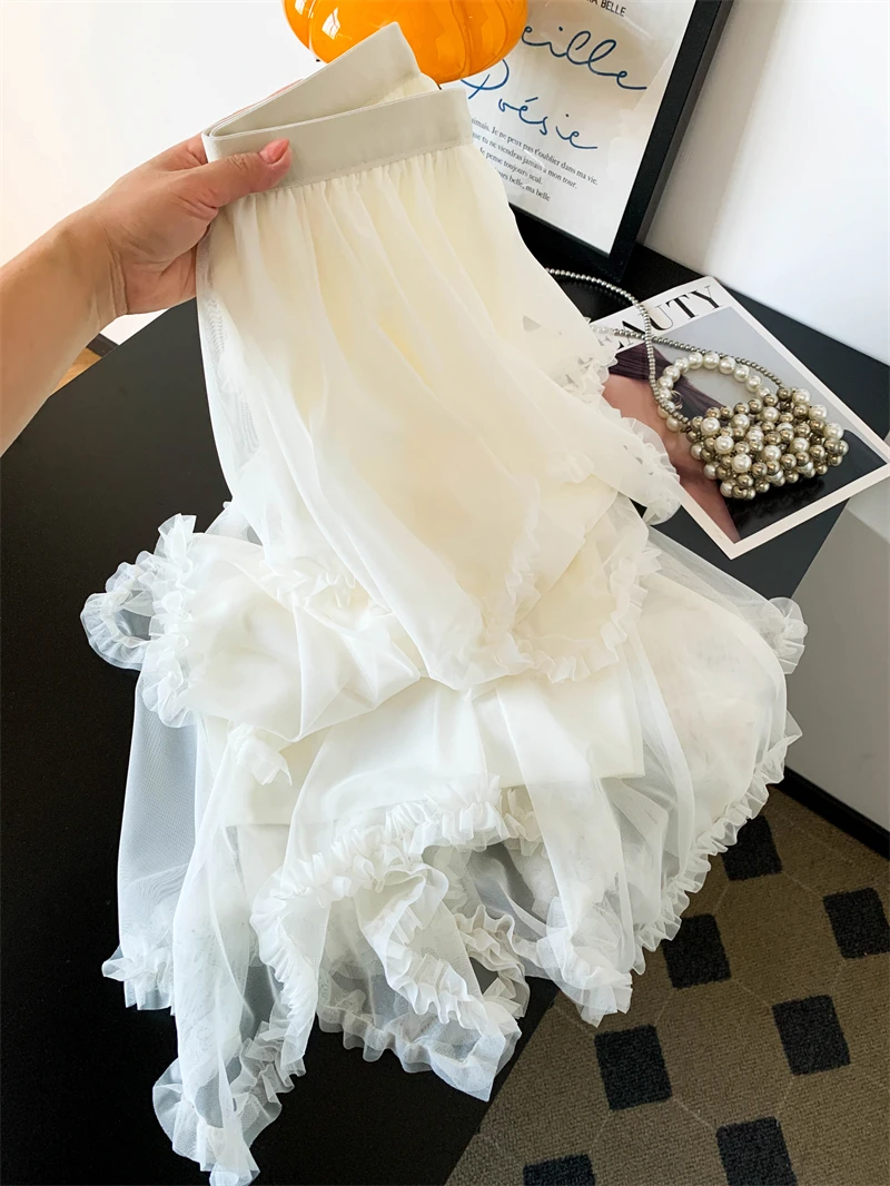 

High Waist Asymmetrical Lace Trim Me f Skirt Women's Spring Faion Sweet Sle Casual A-Line Skirt Mid-Length