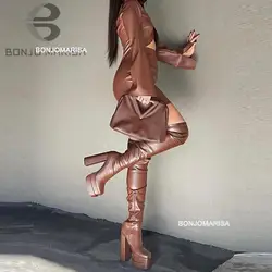 Bonjomarisa Stivali alti alla coscia da donna Doppia piattaforma Tacchi alti Stivali sopra il ginocchio Zip Scarpe lunghe sexy Stivali per donna