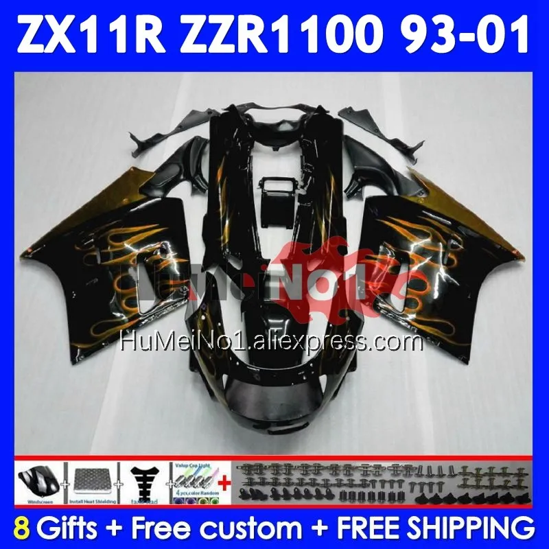 ZZR1100 For KAWASAKI NINJA ZX-11R ZX11R ZZR 1100 1993 1994 1995 1996 224No.75 ZX 11R ZX11 R 97 98 99 00 Gold flames 01 Fairing