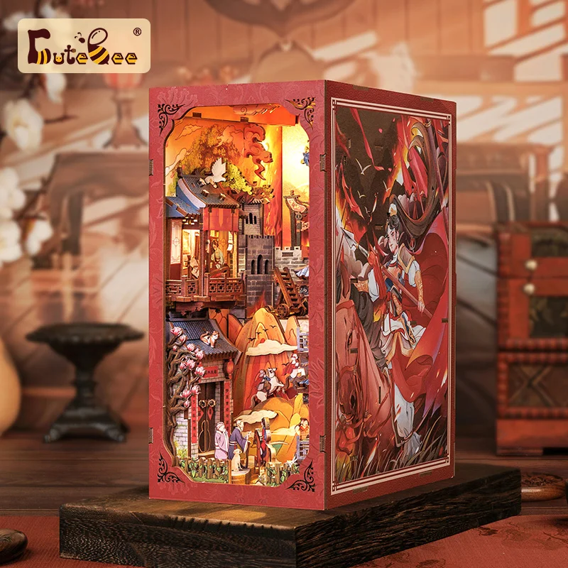 CUTEBEE DIY Book Nook Wooden Dollhouse with Light Dust Cover The Legend of Mulan Chinese Style Bookshelf Insert Decor for Gift