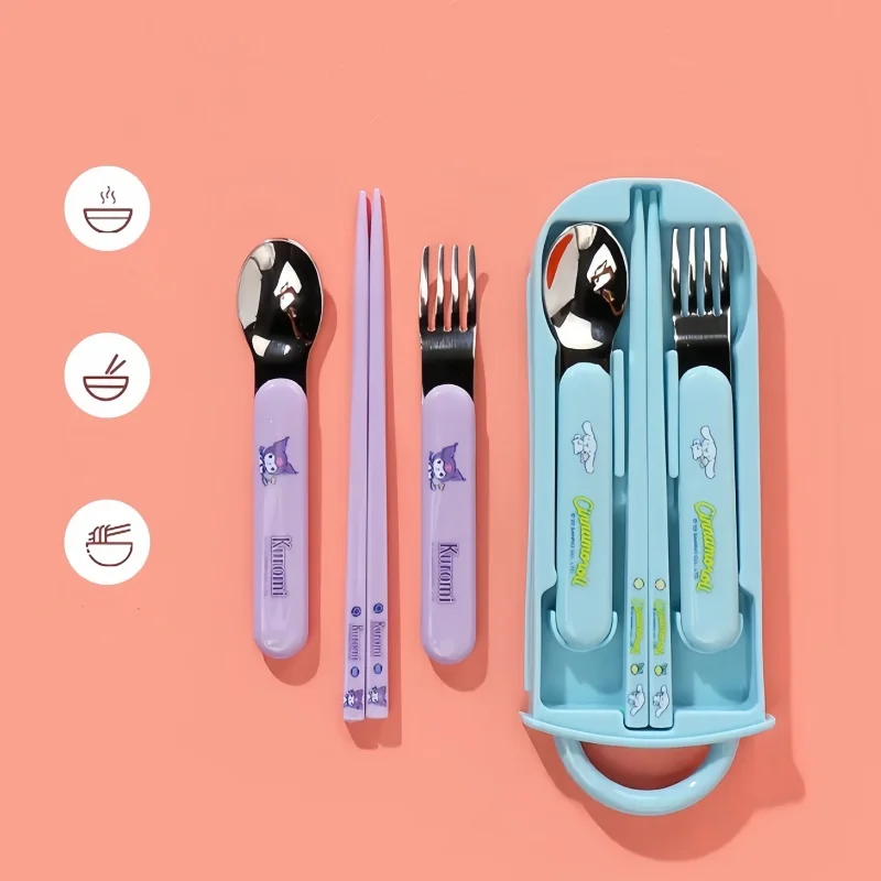 MINSO Senrio Kuromi 3PCS Chopsticks Fork Spoon Set Cartoon Cute Cinnamoroll Travel Portable Kawaii Transparent Box Tableware Set