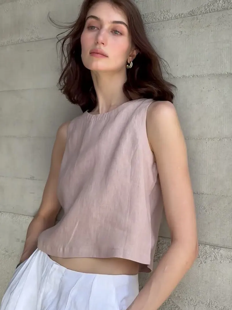 

New Loose Buttoned Roundne ort Svel Vest Color Tank Top Women's Summer Faion Commute Sle Polyester Fabric
