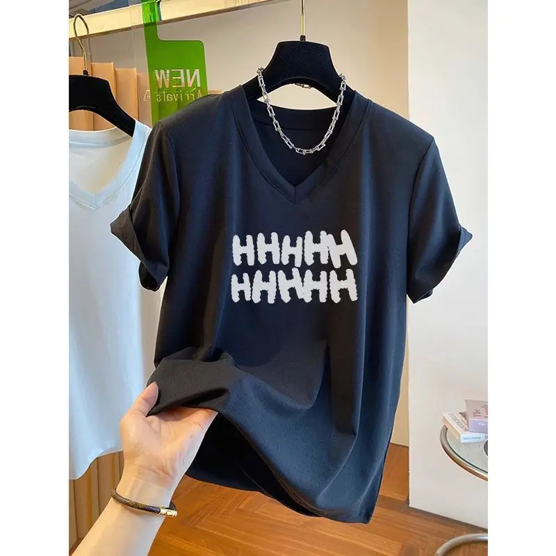 

Black T-Shirts Female V-neck Cotton Loose Short Sleeve Top Tee Summer Oversized Casual Letter Loose Pullover Tee Shirt Women's