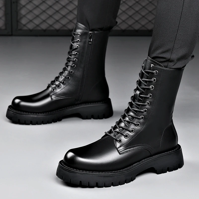

increase height Men's Autumn Winter Breathable Zipper British Style Long Tube High Top Shoes Tooling Locomotive Leather Non-slip