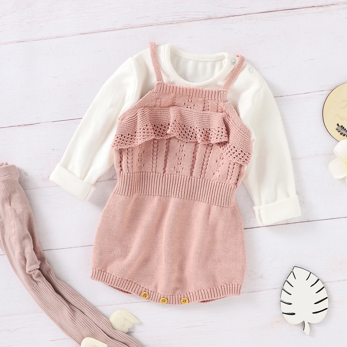 بدلة قفز قصيرة محبوكة بلون سادة للفتيات الصغيرات، بياقة مربعة بدون أكمام وحزام مجوف #1