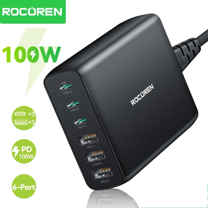 Rocoren 100W GaN Charger USB Type C PD Fast Charger Quick Charge 4.0 3.0 Multiple Desktop Charging Station For iPhone 17 Pro Max
