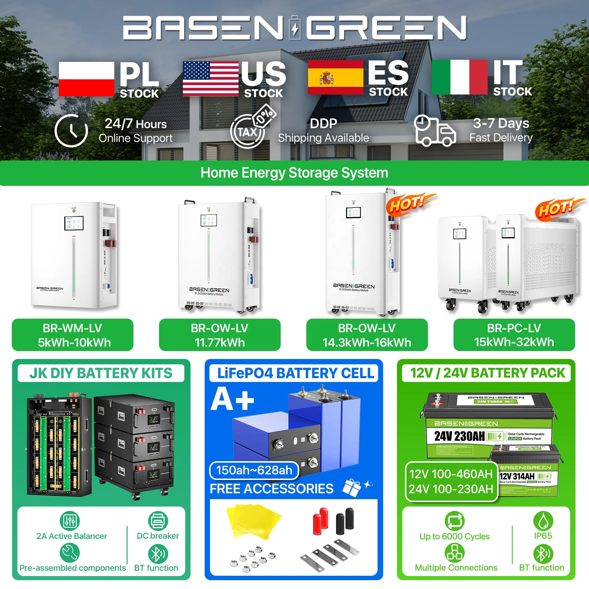 Basen Green EU Stock 16 Kwh 32Kwh 48v 51.2v 314ah 628ah LifePo4 Lithium Ion Battery Pack Home Energy Storage ESS 8000 Cycles
