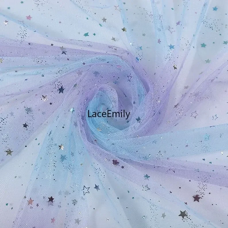 Gradient star moon lace fabric , Shimmering Rainbow Meteor   wedding dress, bridal veil, stage decorations 1 yards