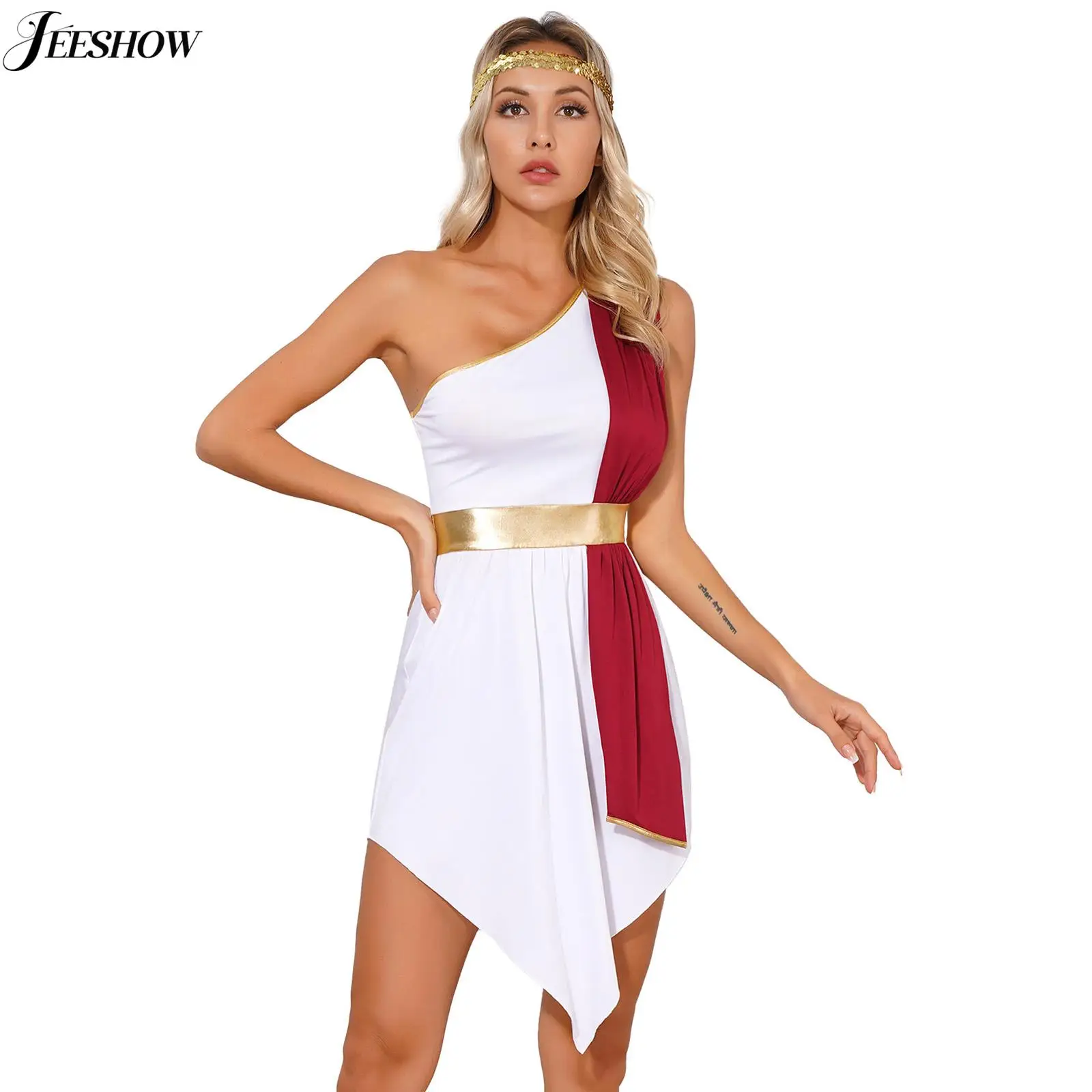 Womens Ancient Roman Cosplay Costume Grecian Fancy Dress One Shoulder Toga Tunic with Sequin Headwear Halloween Roleplay Outfits